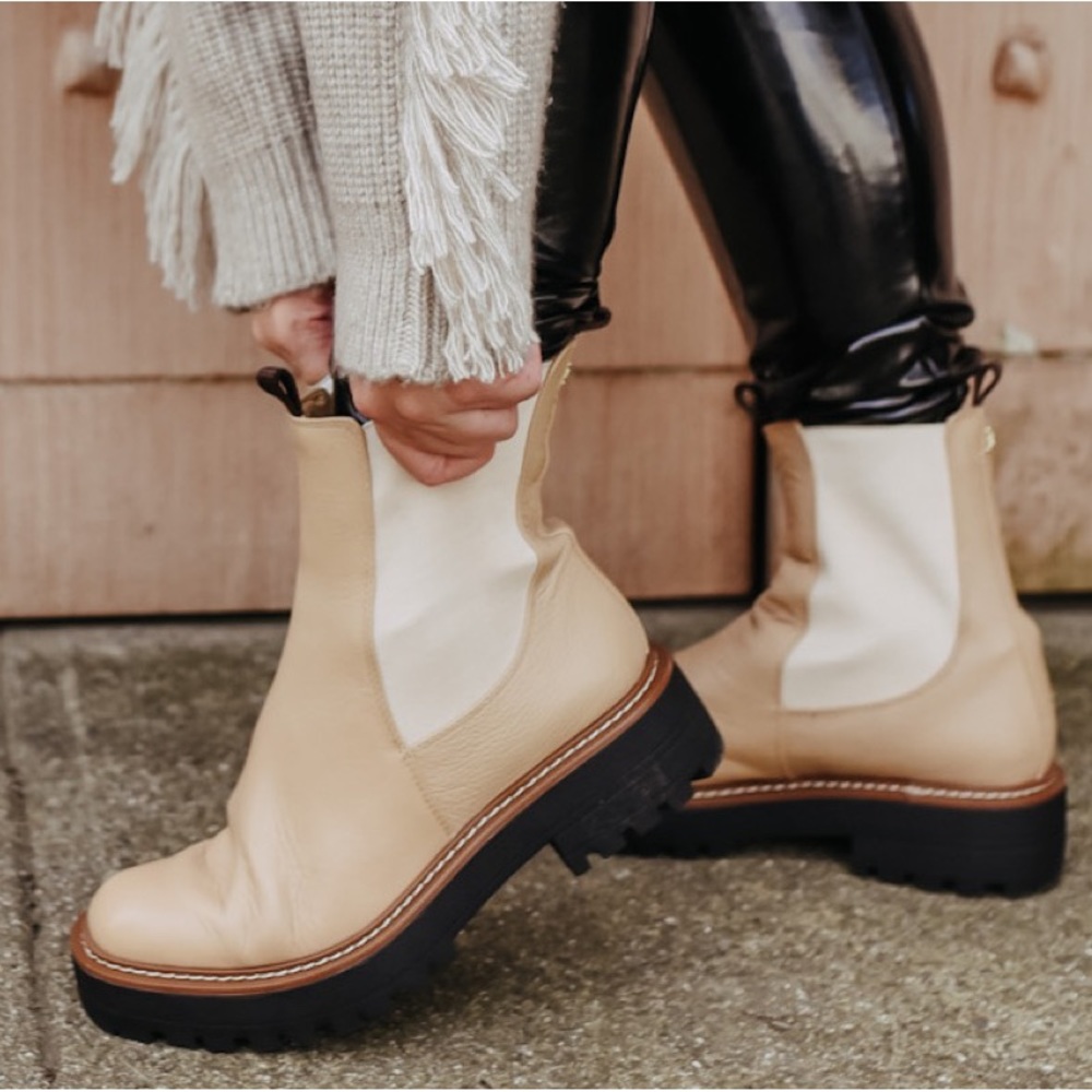SAM EDELMAN Laguna Waterproof Lug Sole Chelsea Boot Sesame Leather Size 10